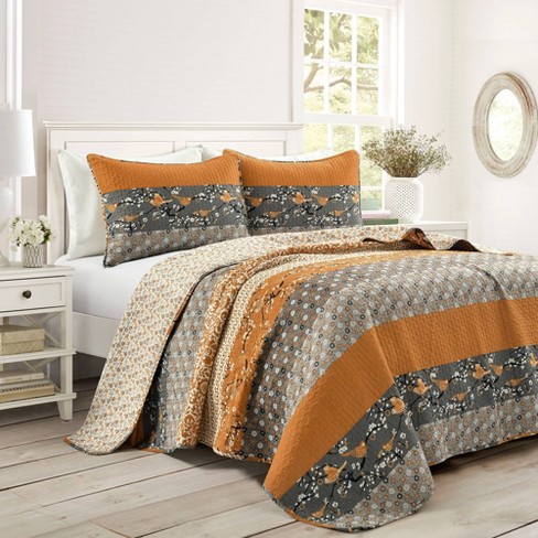 3pc King Leah Quilt Set Yellow/Gray - Lush Décor