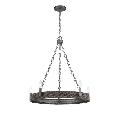 Tripoli 26" Mottled Zinc and Gray Rattan 5-Light Candle Chandelier