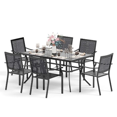 Captiva Designs 7pc Patio Dining Set with Slat-top Rectangle Steel Table & Metal Stackable Chairs