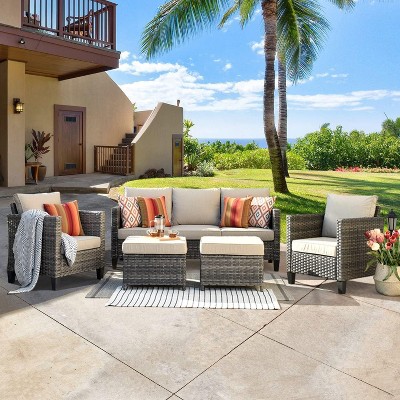 XIZZI 5 Pieces Sets Modern Wicker Patio Sectional Sofa with Ottomans