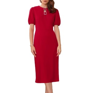 INSPIRE CHIC Women's Puff Sleeve Keyhole Round Neck Elegant Business Sheath Midi Pencil Dress Medium Red - 1 of 4
