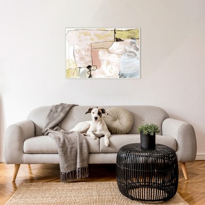 Abstract Pastels Graphic Art on Canvas with White Beaded Frame