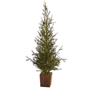 4ft Nearly Natural Unlit Alpine with Pinecones Artificial Christmas Tree in Wood Planter - 1 of 4