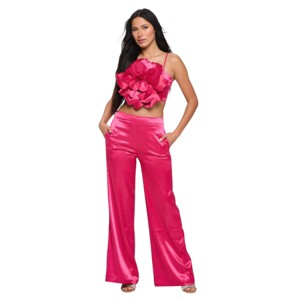 Slickblue Women’s Crop Top & High-Rise Pant Set, Flower Front Detail, Casual Chic Co-ord, Black/Magenta, Size S-L - 1 of 4