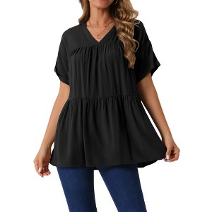 INSPIRE CHIC Women's Summer Babydoll Casual V Neck Loose Short Sleeve Peplum Tunic Blouse - 1 of 4