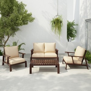Scott Living Doris 4 Piece Outdoor Rustic Slat Design Acacia Wood Upholstered Seating Set - 1 of 4