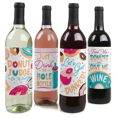 Big Dot of Happiness Donut Worry, Let's Party - Doughnut Party Decorations for Women and Men - Wine Bottle Label Stickers - Set of 4