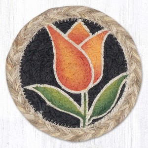 Earth Rugs Orange Tulip Jute Coaster – 5"x5" Round Natural Braided Floral Coaster with Spring Bloom Print - 1 of 3