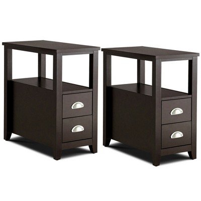 Costway Set of 2 End Bedside Table Rectangular Nightstand W/ 2 Drawers & Shelf Espresso