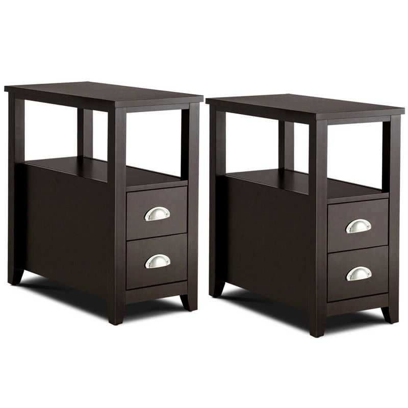Costway Set of 2 End Bedside Table Rectangular Nightstand W/ 2 Drawers & Shelf Espresso, 1 of 11