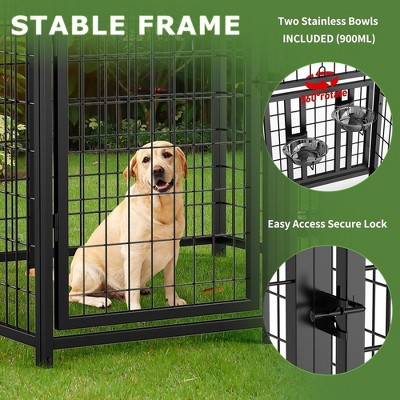 Large Black Metal Outdoor Dog Kennel with Roof and Bowls