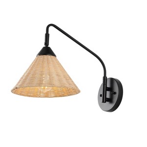 JONATHAN Y Kiawah 11" 1-Light Vintage Coastal Rattan/Metal Swing Arm LED Sconce Black/Natural: UL Listed, Includes Mounting Hardware - 1 of 4