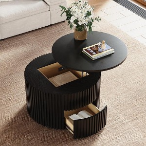 POVISON 31.5" Lifting Top Round Coffee Table, Mid-Century Modern Wood Coffee Table, Fluted Coffee Table with Hidden Storage and Drawer, Black Color - 1 of 4
