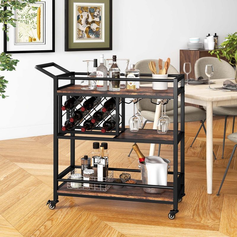 Costway 3-tier Bar Cart on Wheels Home Kitchen Serving Cart with Wine Rack & Glass Holder Rustic Brown/Brown, 4 of 11