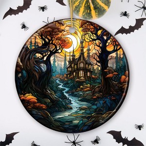 Sinister Manor Haunted House Stained Glass Style Ceramic Ornament, Halloween Themed Christmas Gift and Decor| OrnamentallyYou - 1 of 4