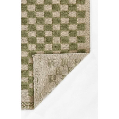 Green and Beige Handwoven Wool Checkered Runner Rug