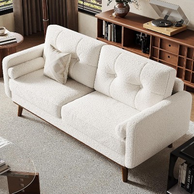 65" Mid Century Modern Loveseat Sofa for Small Spaces, 2 Seater Upholstered Couch with Button Tufted Design & Wood Legs