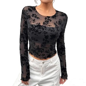 Women's Floral Flocked Mesh Crop Top Crew Neck Long Sleeve Sheer