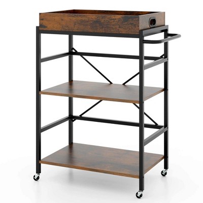 Rustic Brown and Black 3-Tier Bar Cart with Detachable Tray