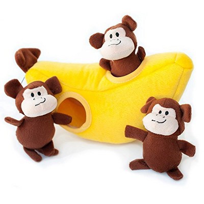 ZippyPaws - Zoo Friends Burrow, Interactive Squeaky Hide and Seek Plush Dog Toy - Monkey 'n Banana