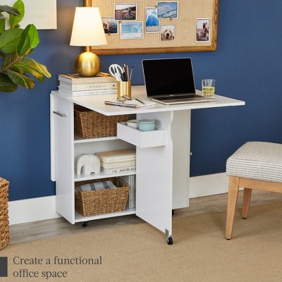 White Multipurpose Folding Table with Wheels and Storage Shelves