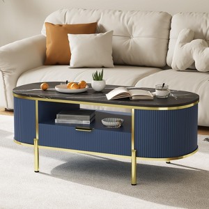 48" Oval Coffee Table with Drawer, Fluted Wooden Center Table with Faux Marble Top, Accent Sofa Side Table for Living Room Bedroom Office - 1 of 4