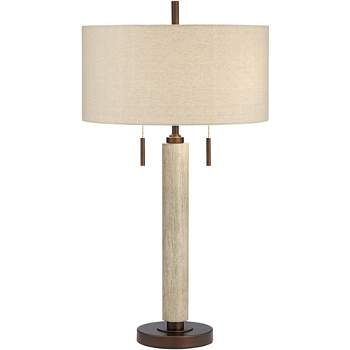 Franklin Iron Works Mid-Century Modern Table Lamp with USB Charging Port 28.5" Tall Whitewashed Wood Fabric Drum Shade Living Room Bedroom