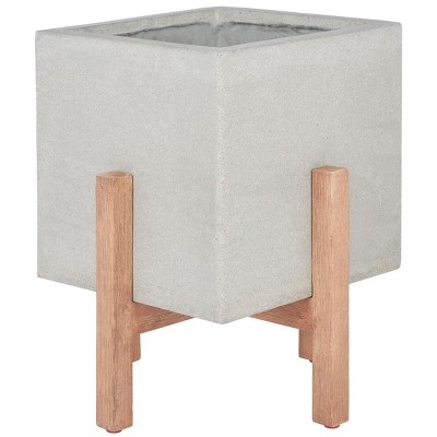 Borsla 21" Modern Minimalist Acacia and Concrete Planter, Natural/Light Grey