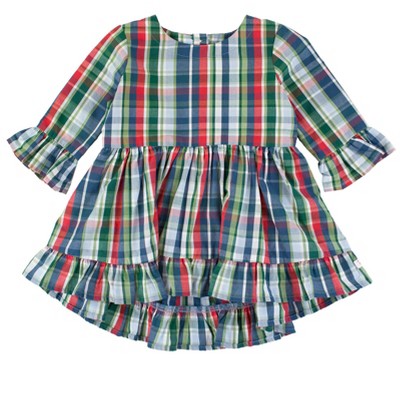 Image of RuffleButts Baby Girls High Low Ruffle Tunic - Prep School Plaid, 6-12m