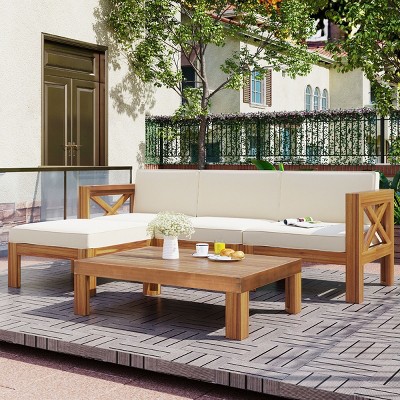 5 Piece Outdoor Corner Patio Sofa Set,L-Shaped Wood Garden Sectional Sofa Set,Patio Conversation Set with Cushions and Coffee Table-Coolbibila