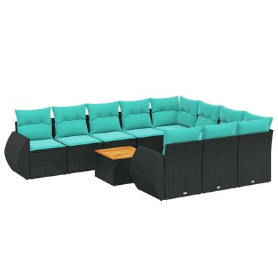 vidaXL 11 Piece Garden Sofa Set with Cushions Poly Rattan - Black 2x corner + 6x middle + table + 2x sofa