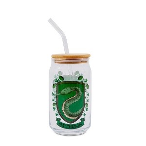 Silver Buffalo Harry Potter Slytherin House Mascot Glass Tumbler With Bamboo Lid and Straw - 1 of 4