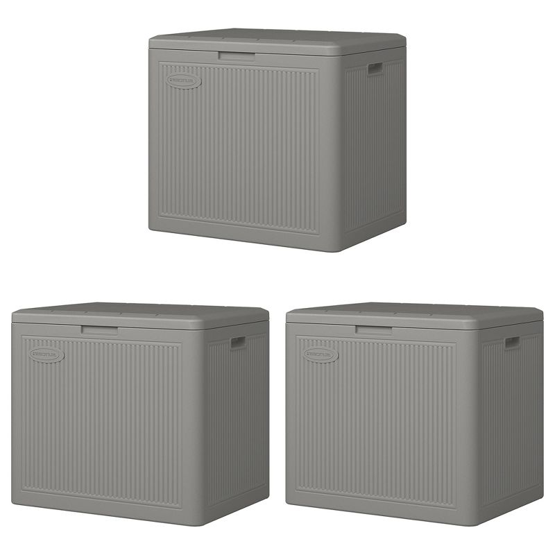 Suncast 22 Gallon Indoor or Outdoor Small Patio Deck Box, Plastic Storage Bin for Lawn, Garden, Garage, & Home Organization, Stoney (3 Pack), 1 of 7
