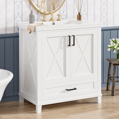 JUJABU 30-Inch Bathroom Vanity with Single Sink, 2 Soft-Close Doors, Divided Drawer, Dual Storage Shelves