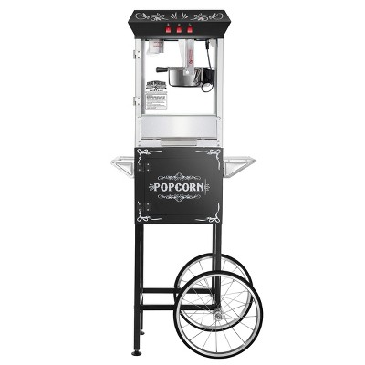 Vintage Black Popcorn Machine with Cart and Stainless Steel Kettle