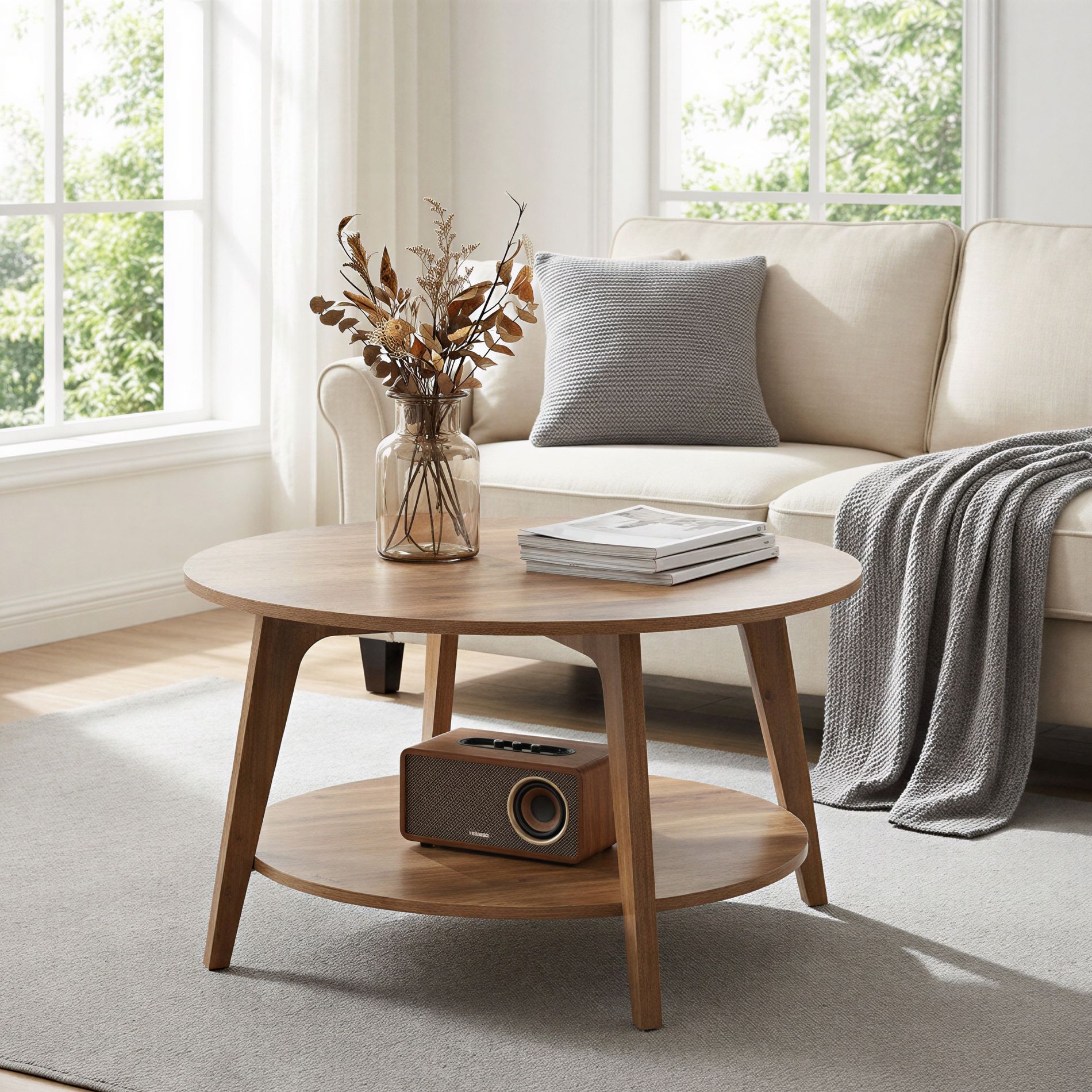 Honey Brown Round Coffee Table with 2 Tiers of Storage, Measuring 31.5 x 17.7 Inches, Ideal for the Living Room
