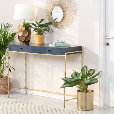 Navy Blue and Gold Wood Console Table with Storage