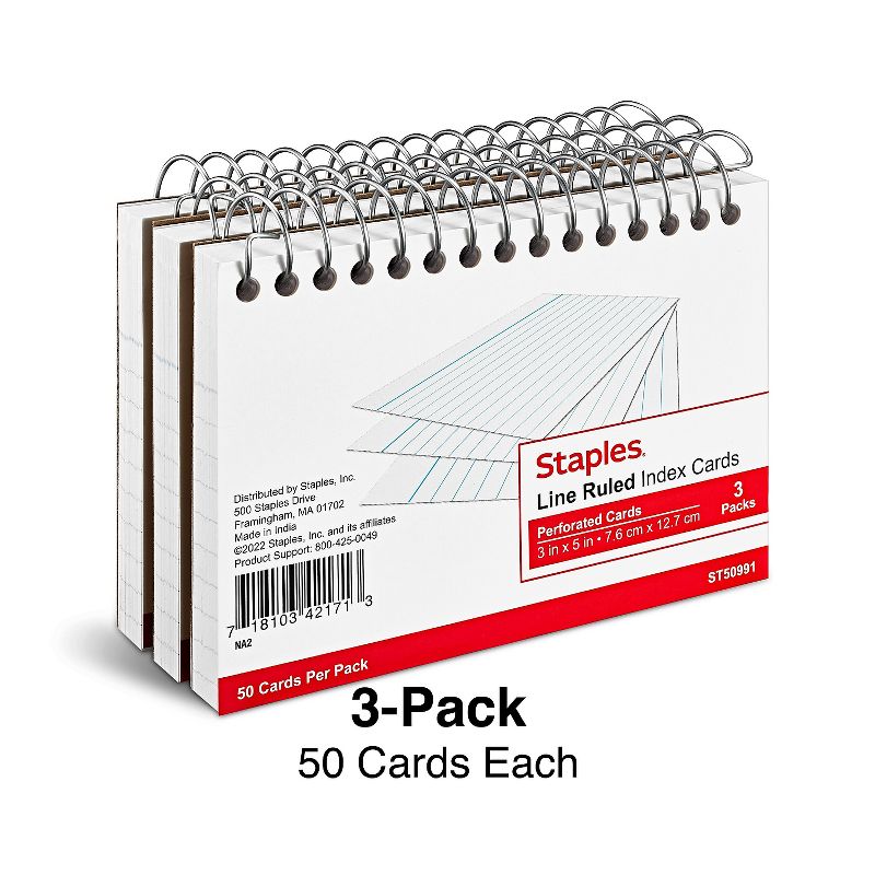 Staples 3" x 5" Line Ruled White Spiral-Bound Index Cards 3/Pack (50991) TR50991, 2 of 6