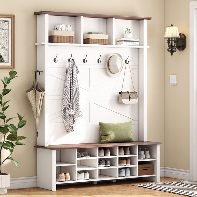 Farmhouse 4-in-1 Hall Tree With Adjustable Shelves And 6 Hooks,Shoe Organizer With 16 Open Compartments,Hall Tree For Living Room-Cuddlewood