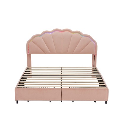 Vynxaria Twin Size Princess Bed with Crown Headboard & Storage Pocket - Pink PU Upholstered Frame