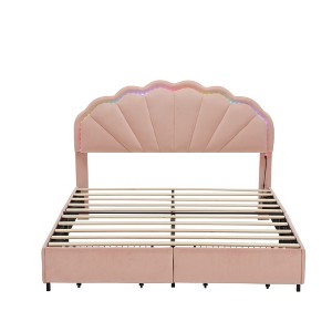 Vynxaria Twin Size Princess Bed with Crown Headboard & Storage Pocket - Pink PU Upholstered Frame - 1 of 4
