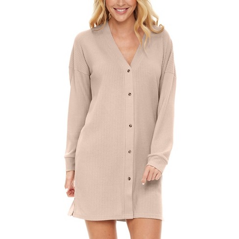 Adr Women's Long Sleeve Ribbed Knit Nightshirt, Button Up V-neck