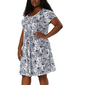 Agnes Orinda Women's Plus Size Floral Inverted Box Pleat Boho T-Shirt Dresses - 1 of 4