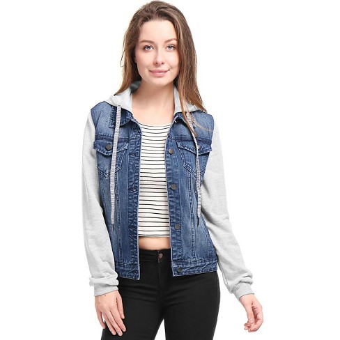 Womens denim jacket with fur outlet hood