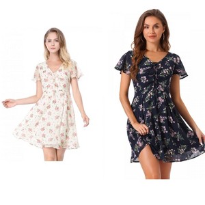 Allegra K Women's Floral Printed Flare Short Sleeve Lace-up V Neck A-Line Chiffon Dress 2 Packs - 1 of 4