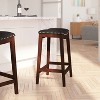 Merrick Lane 30'' Backless Saddle Style Barstool Traditional Cappuccino Finish Wood Barstool in Black Faux Leather with Nail Accent Trim - 3 of 4