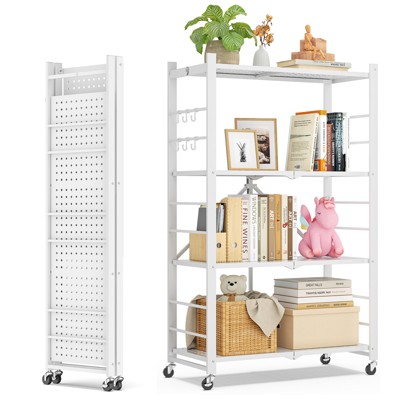 SKONYON Storage Shelves, Foldable Metal Shelving Units for Garage Kitchen Bakers, Collapsible Organizer Rack, Heavy Duty on Wheels