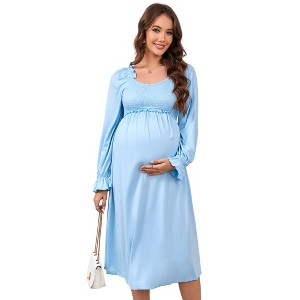WhizMax Maternity Dress Women's V Neck Long Sleeve Smocked Chest Midi Dress Photoshoot Baby Shower - 1 of 4