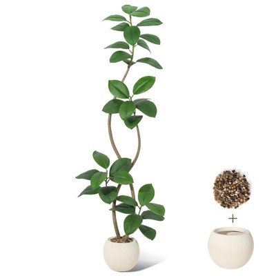 Artificial Rubber Tree with White Sphere Resin Planter Brown Stone Faux Tall Indoor Tropical Large Floor Real Touch Fake Plant for Home Decor