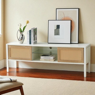 54.33" Rattan TV Stand with Sliding Doors, Adjustable Shelf, Metal Legs, Storage Cabinets, Modern TV Console for Living Room or Office